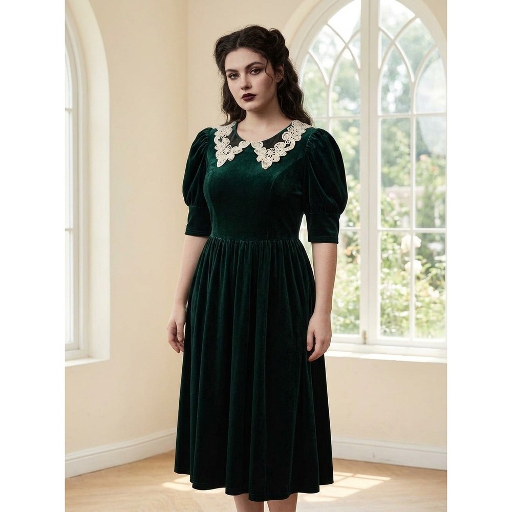 VTG 80s Lanz Originals Velvet Puff Sleeve Lace Collar Midi Dress Forest Green 14